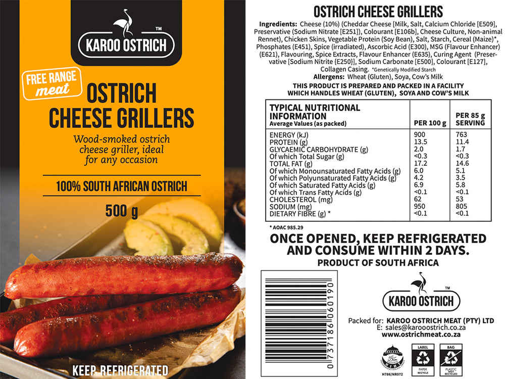
                  
                    Load image into Gallery viewer, Ostrich Cheese Grillers - Ostrich Meat - Karoo Ostrich Meat
                  
                